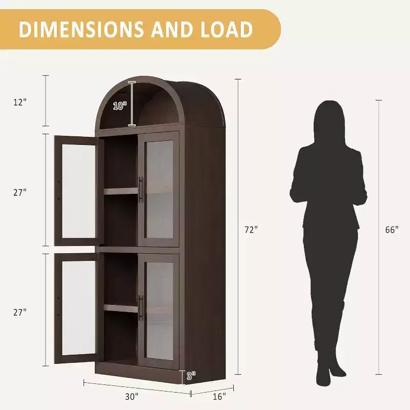 Libreria ad arco da 72'' con ante in vetro, armadio in legno a 6 ripiani per soggiorno, cucina o ufficio, scaffali espositivi in stile rustico