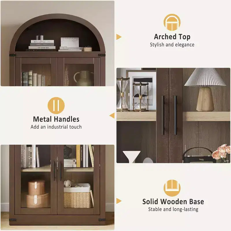 Libreria ad arco da 72'' con ante in vetro, armadio in legno a 6 ripiani per soggiorno, cucina o ufficio, scaffali espositivi in stile rustico