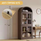 Libreria ad arco da 72'' con ante in vetro, armadio in legno a 6 ripiani per soggiorno, cucina o ufficio, scaffali espositivi in stile rustico