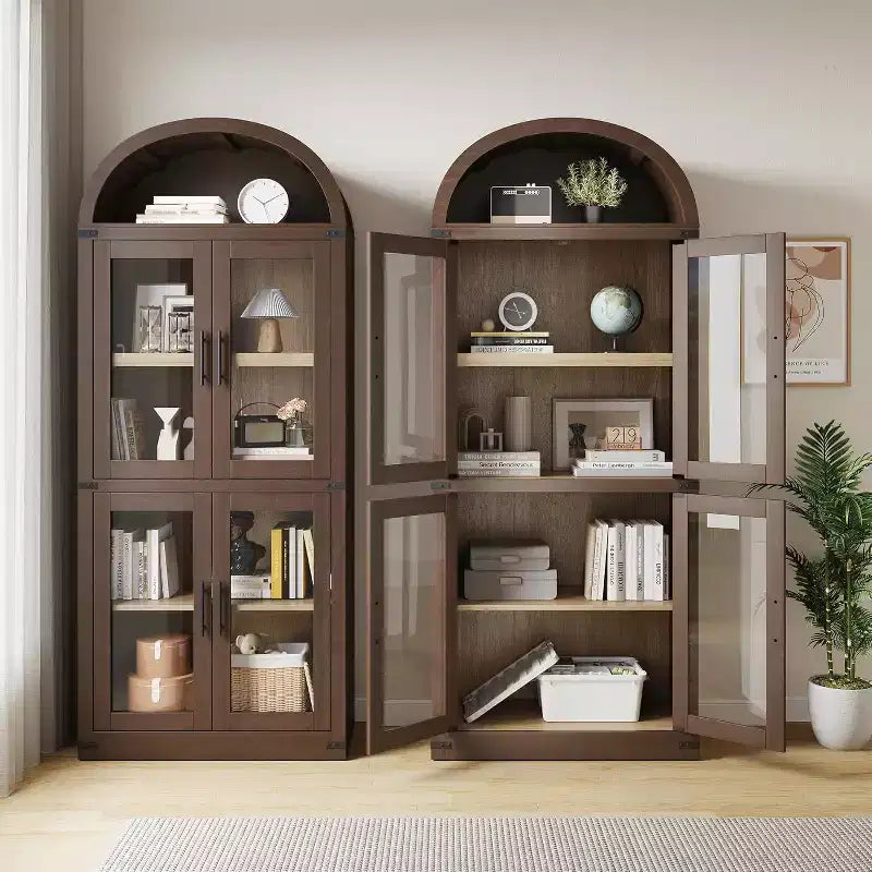 Libreria ad arco da 72'' con ante in vetro, armadio in legno a 6 ripiani per soggiorno, cucina o ufficio, scaffali espositivi in stile rustico