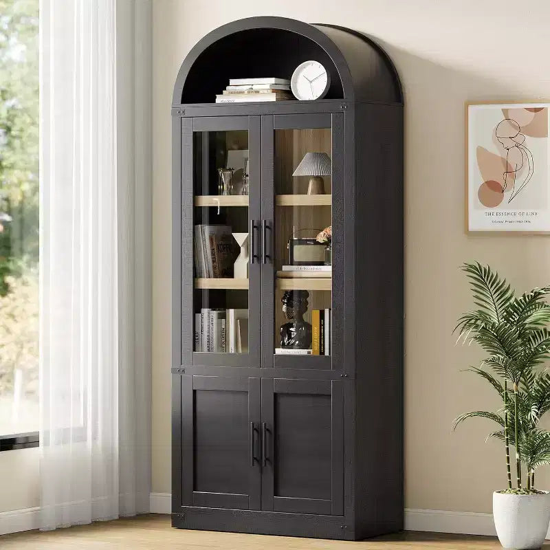 72'' Arched Bookcase with Glass Doors, 6-Tier Wooden Storage Cabinet for Living Room, Kitchen or Office, Farmhouse Style Display Shelves