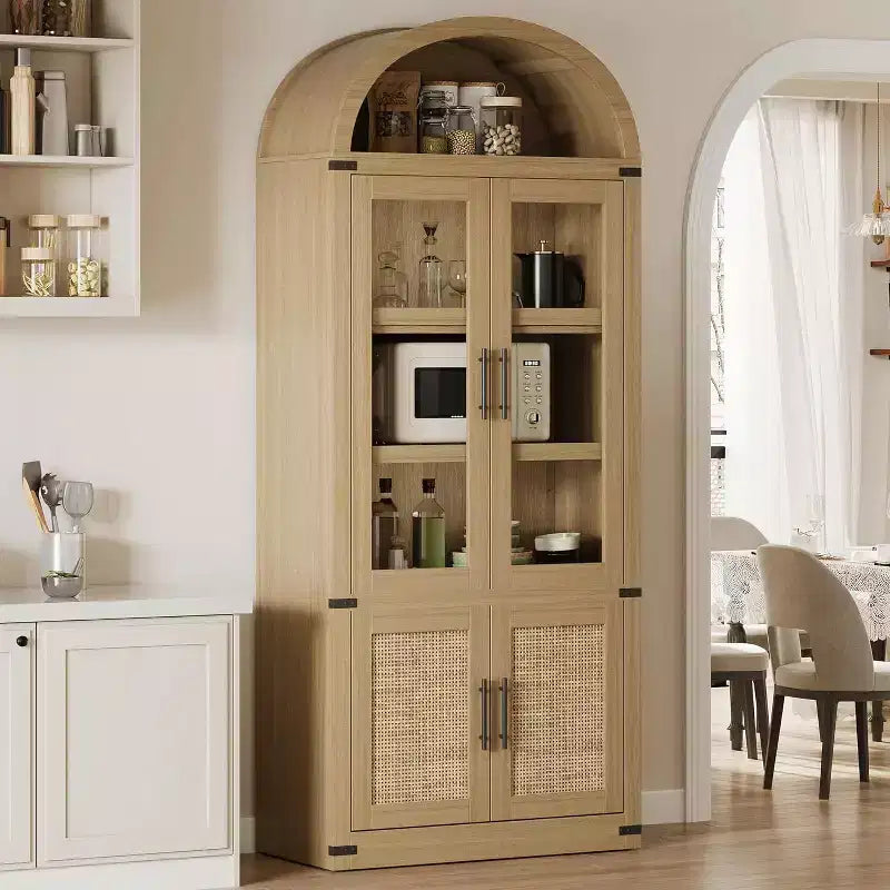 72'' Arched Bookcase with Glass Doors, 6-Tier Wooden Storage Cabinet for Living Room, Kitchen or Office, Farmhouse Style Display Shelves