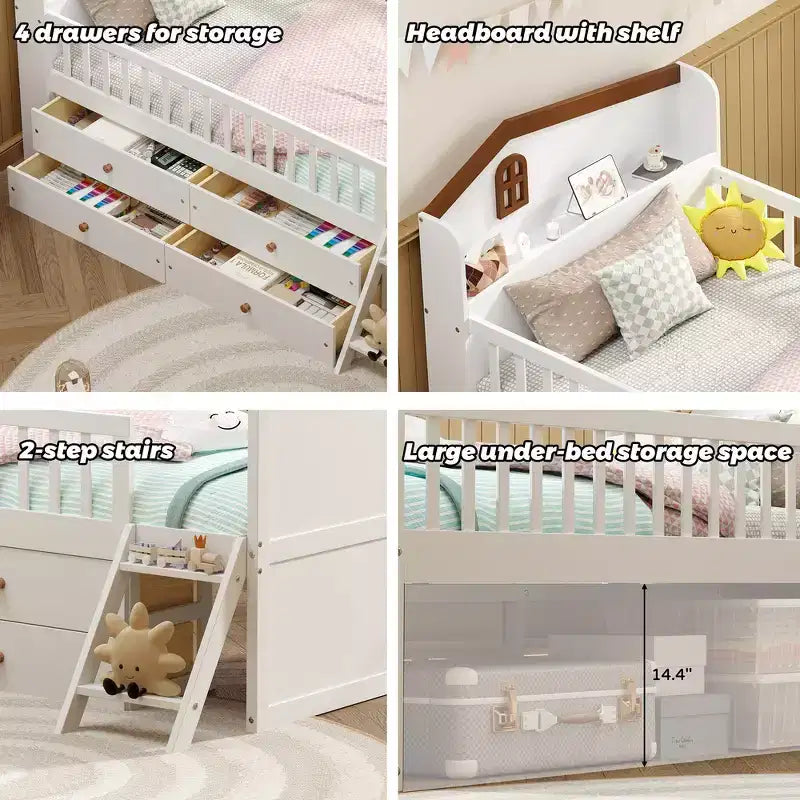 Whisen Twin Wooden Bed Frame, Platform Bed Frame with Storage 4 Drawers, Guardrail Headboard and Ladder