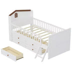 Whisen Twin Wooden Bed Frame, Platform Bed Frame with Storage 4 Drawers, Guardrail Headboard and Ladder