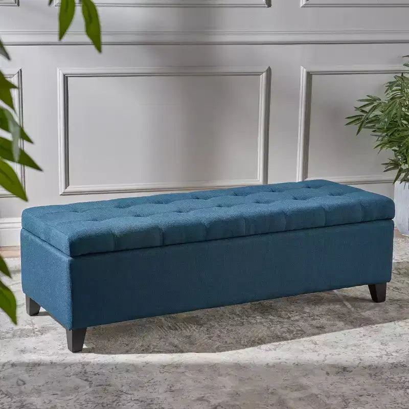 TUYOHW Poggiapiedi Contenitore con Cuciture Tufted Waffle, Panca Contenitore con Gambe in Legno, Panca da Ingresso per Soggiorno, Camera da Letto, Blu Marino