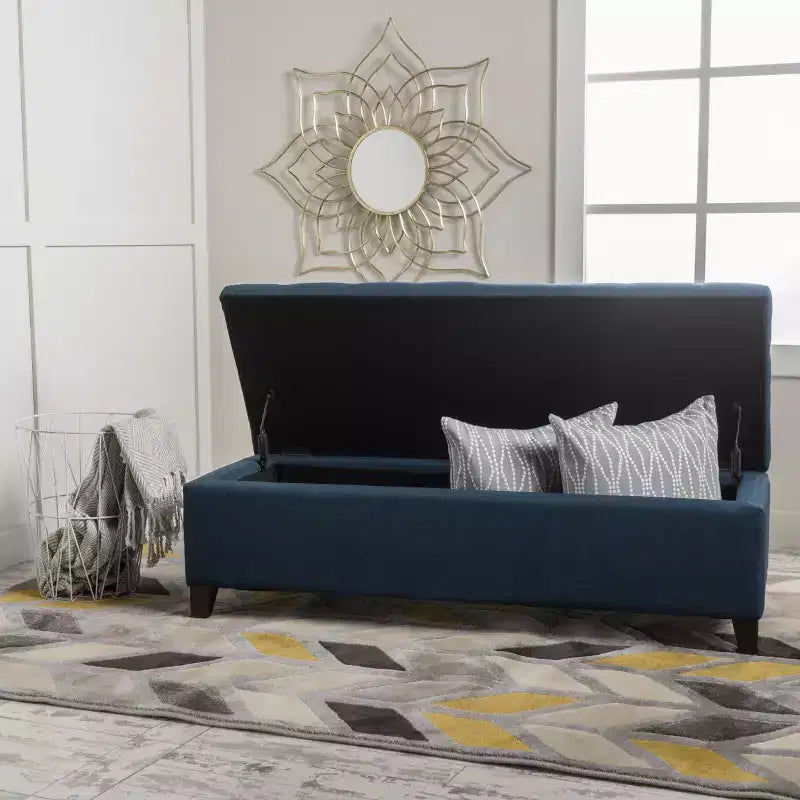 TUYOHW Poggiapiedi Contenitore con Cuciture Tufted Waffle, Panca Contenitore con Gambe in Legno, Panca da Ingresso per Soggiorno, Camera da Letto, Blu Marino