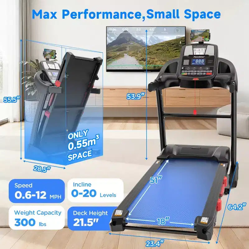 5.0HP Folding Treadmill for Home w/ 20 Auto Incline,Smart APP,300lb,HiFi Bluetooth Speakers,64 Programs,12MPH Speed,Foldable Treadmill Running Machine