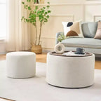 Okak Modern Nesting of 2 Linen Fabric Storage Ottomans with Wood Tray,Upholstered Footstool & Round Coffee Table