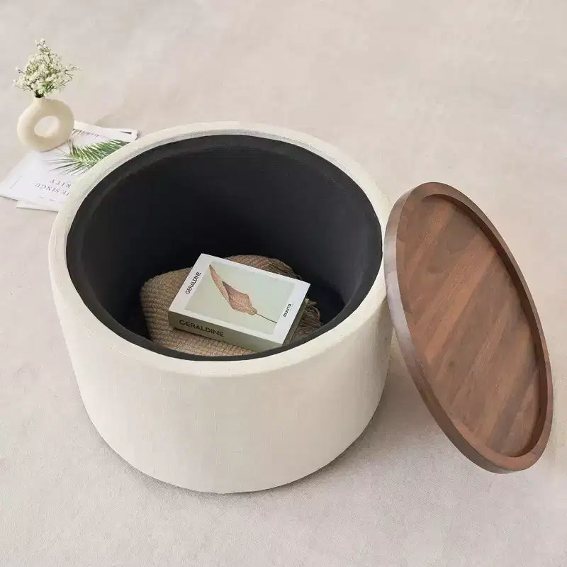 Okak Modern Nesting of 2 Linen Fabric Storage Ottomans with Wood Tray,Upholstered Footstool & Round Coffee Table