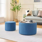 Okak Modern Nesting of 2 Linen Fabric Storage Ottomans with Wood Tray,Upholstered Footstool & Round Coffee Table