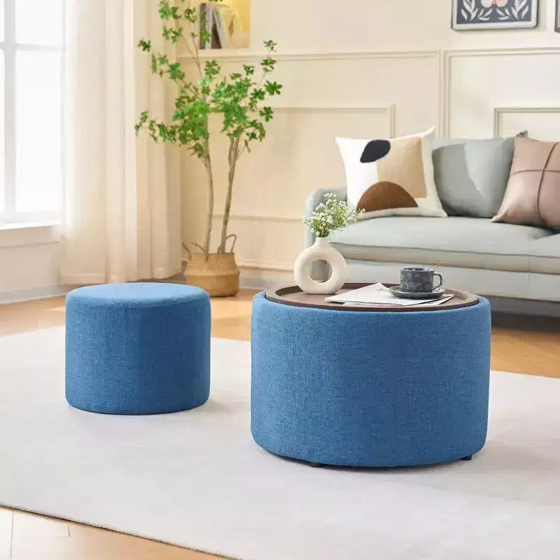 Okak Modern Nesting of 2 Linen Fabric Storage Ottomans with Wood Tray,Upholstered Footstool & Round Coffee Table