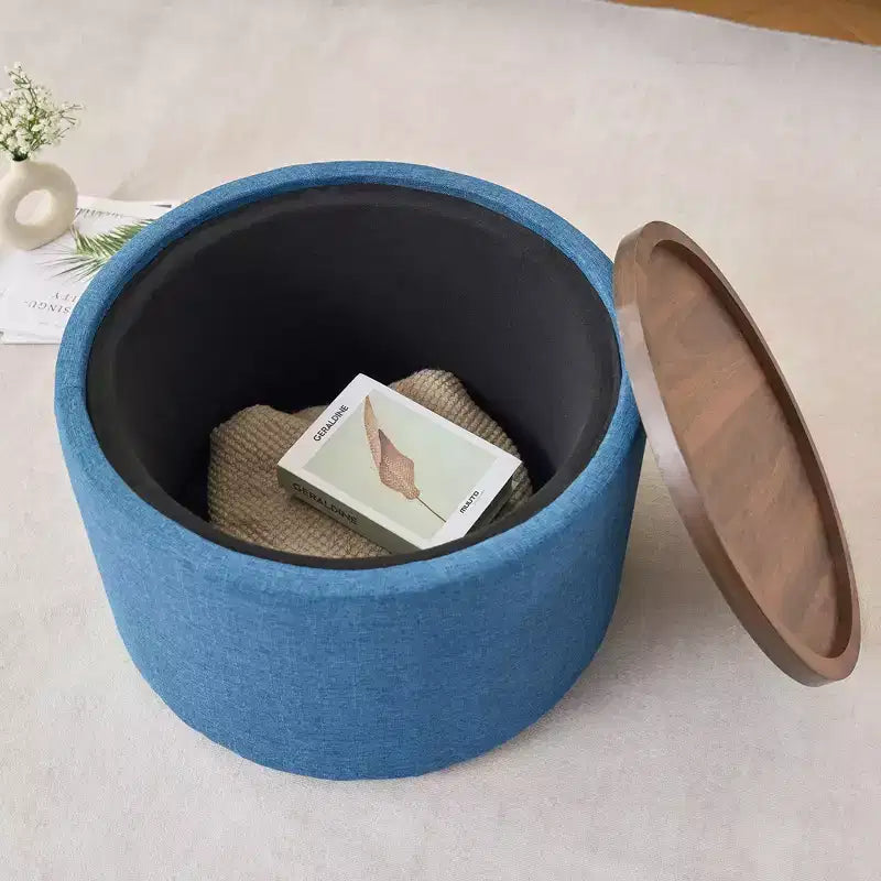 Okak Modern Nesting of 2 Linen Fabric Storage Ottomans with Wood Tray,Upholstered Footstool & Round Coffee Table