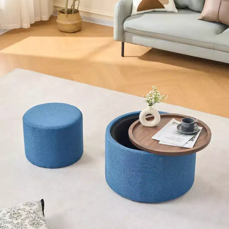 Okak Modern Nesting of 2 Linen Fabric Storage Ottomans with Wood Tray,Upholstered Footstool & Round Coffee Table