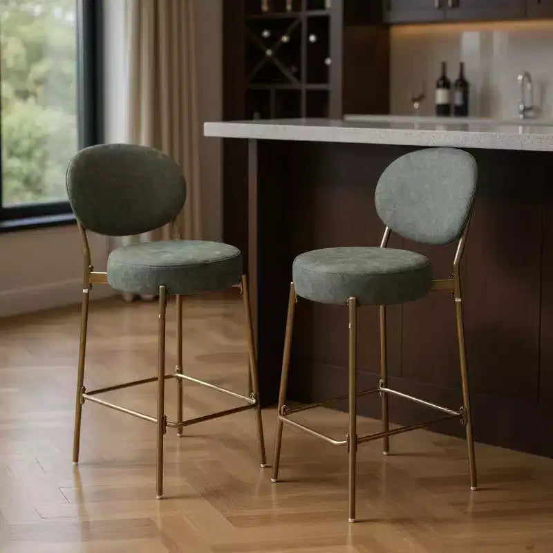 HomeRoots Set of Two 29 Green and Gold Faux Leather and Metal Low Back Bar Height Bar Chairs