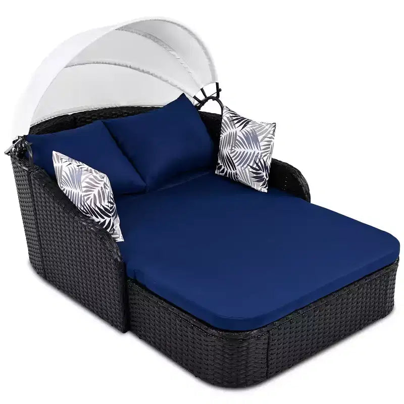 CLIHOME Outdoor Sunbed with Adjustable Canopy, Double Lounge, PE Rattan Daybed, Black Wicker and Cushion