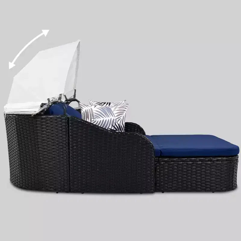 CLIHOME Outdoor Sunbed with Adjustable Canopy, Double Lounge, PE Rattan Daybed, Black Wicker and Cushion