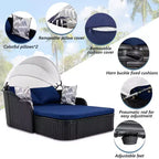 CLIHOME Outdoor Sunbed with Adjustable Canopy, Double Lounge, PE Rattan Daybed, Black Wicker and Cushion