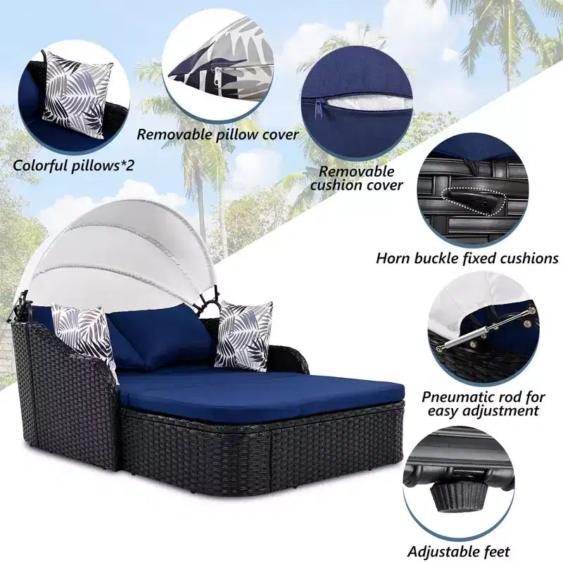 CLIHOME Outdoor Sunbed with Adjustable Canopy, Double Lounge, PE Rattan Daybed, Black Wicker and Cushion