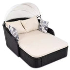 CLIHOME Outdoor Sunbed with Adjustable Canopy, Double Lounge, PE Rattan Daybed, Black Wicker and Cushion