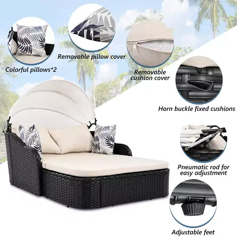 CLIHOME Outdoor Sunbed with Adjustable Canopy, Double Lounge, PE Rattan Daybed, Black Wicker and Cushion