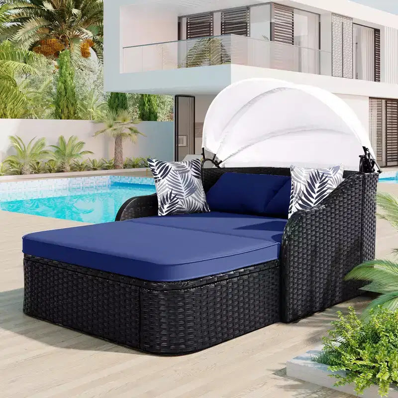 CLIHOME Outdoor Sunbed with Adjustable Canopy, Double Lounge, PE Rattan Daybed, Black Wicker and Cushion