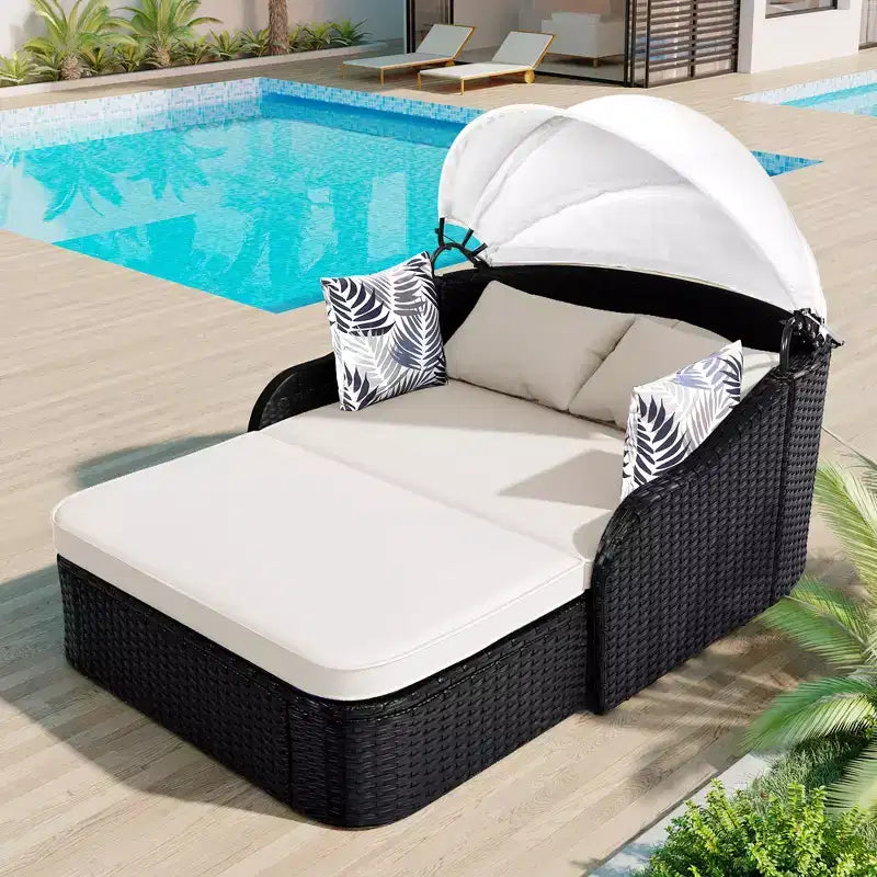 CLIHOME Outdoor Sunbed with Adjustable Canopy, Double Lounge, PE Rattan Daybed, Black Wicker and Cushion
