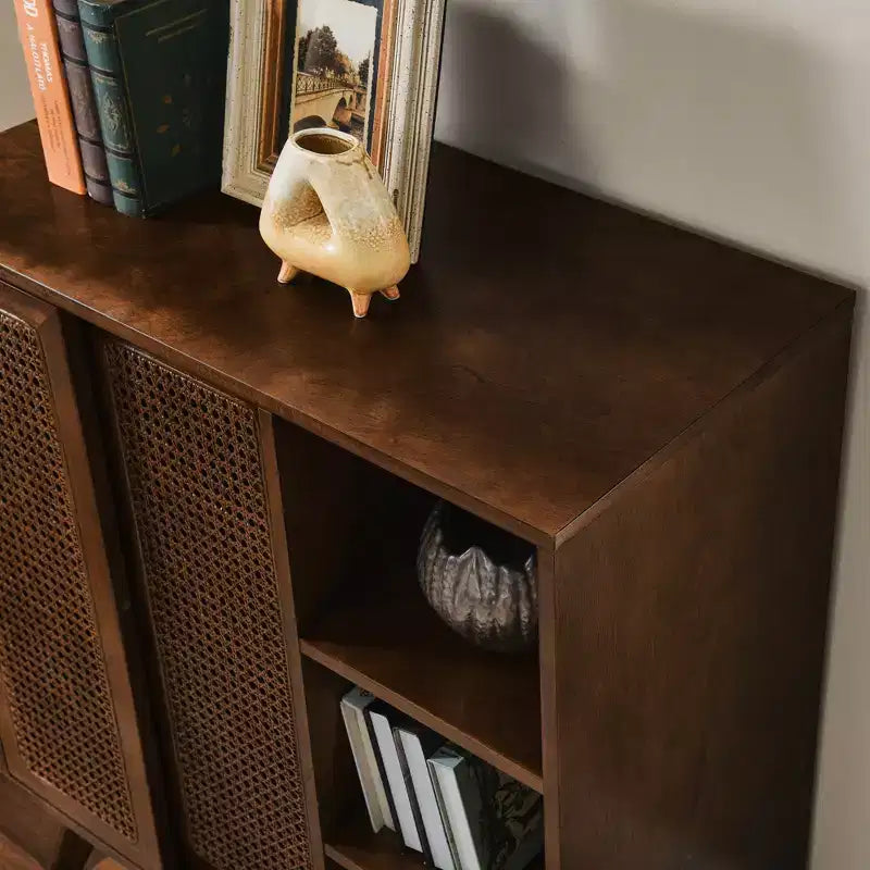 JVNOXK Medieval-inspired modern rattan sideboard with adjustable shelves and solid wood base, ideal for entryways or kitchens. Available in dark wood