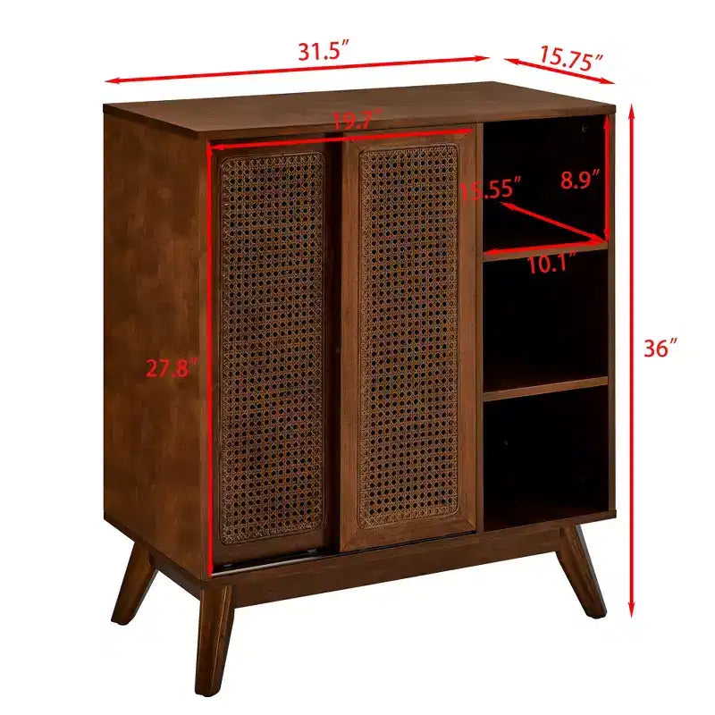 JVNOXK Medieval-inspired modern rattan sideboard with adjustable shelves and solid wood base, ideal for entryways or kitchens. Available in dark wood