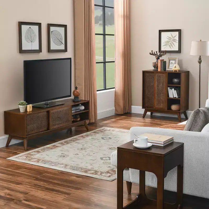 JVNOXK Medieval-inspired modern rattan sideboard with adjustable shelves and solid wood base, ideal for entryways or kitchens. Available in dark wood