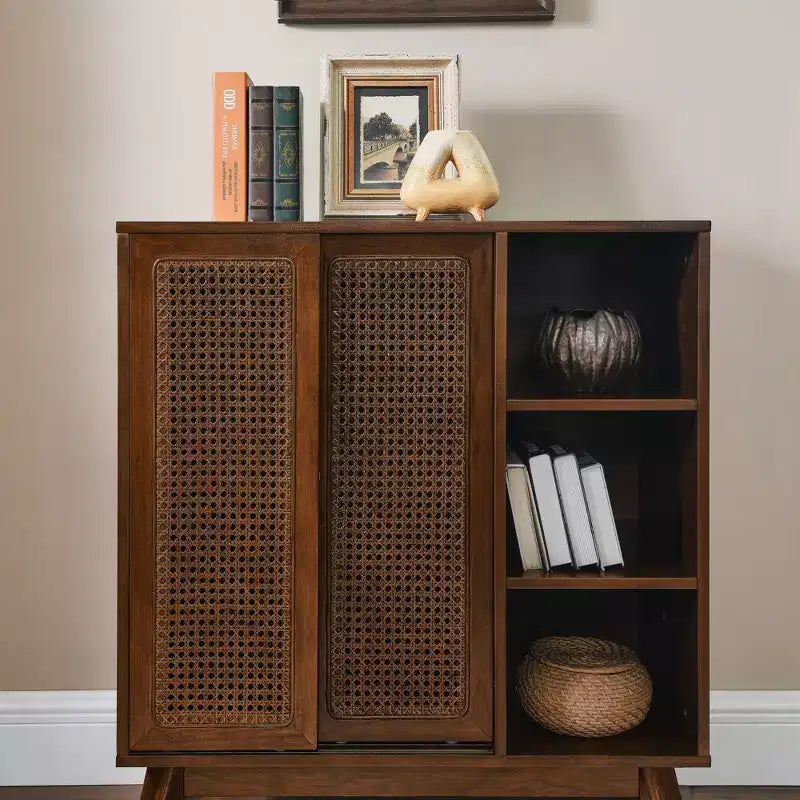 JVNOXK Medieval-inspired modern rattan sideboard with adjustable shelves and solid wood base, ideal for entryways or kitchens. Available in dark wood