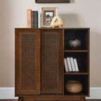 JVNOXK Medieval-inspired modern rattan sideboard with adjustable shelves and solid wood base, ideal for entryways or kitchens. Available in dark wood