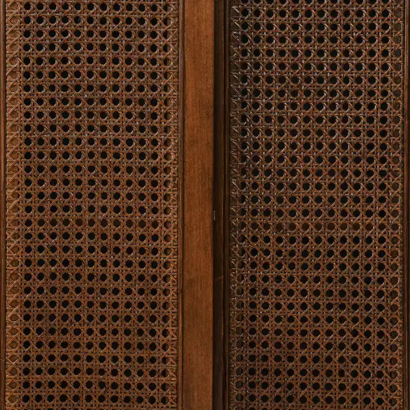 JVNOXK Medieval-inspired modern rattan sideboard with adjustable shelves and solid wood base, ideal for entryways or kitchens. Available in dark wood