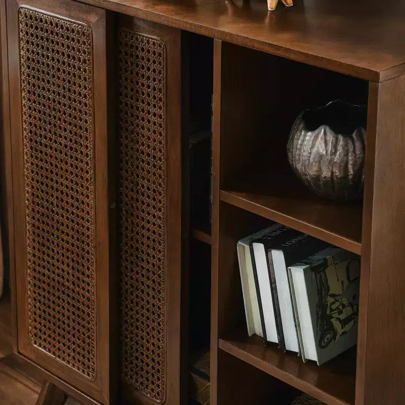 JVNOXK Medieval-inspired modern rattan sideboard with adjustable shelves and solid wood base, ideal for entryways or kitchens. Available in dark wood