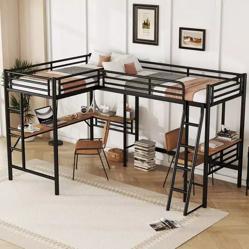 Clihome Twin Size Metal Loft Bed with Two Built-in Desks