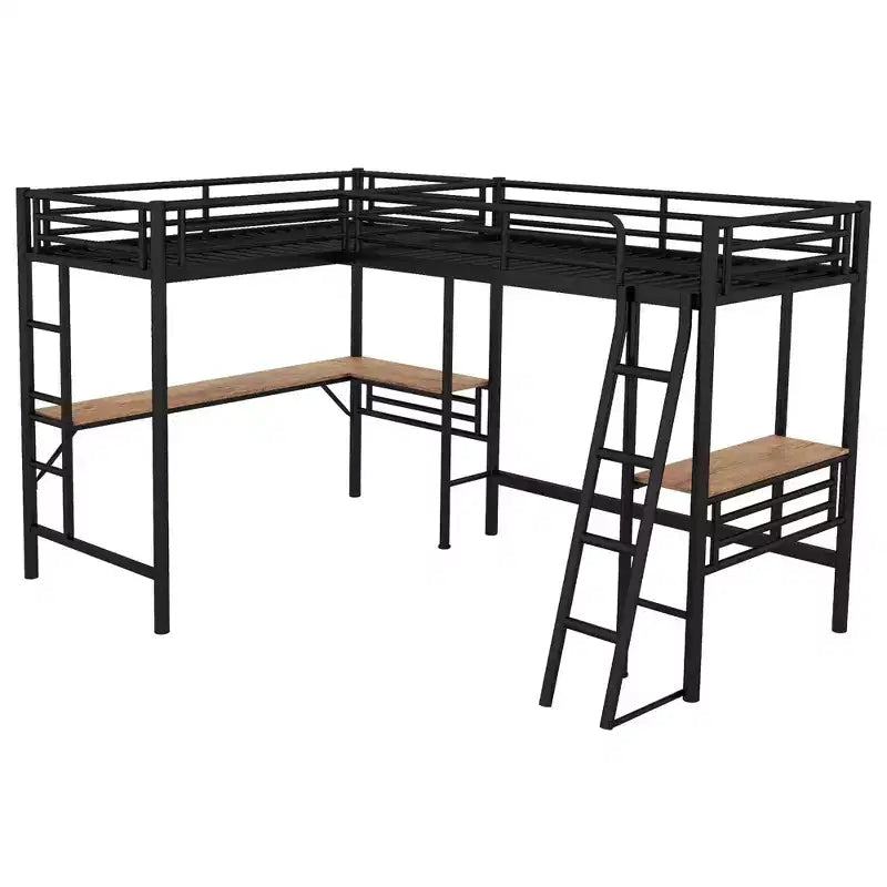 Clihome Twin Size Metal Loft Bed with Two Built-in Desks