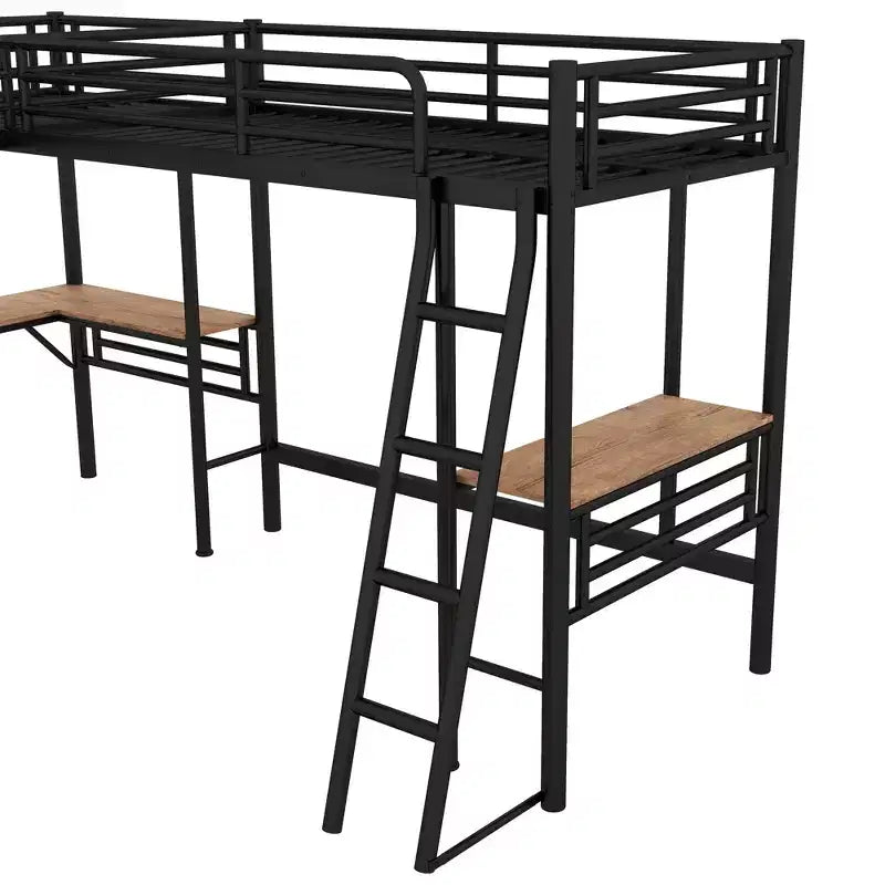 Clihome Twin Size Metal Loft Bed with Two Built-in Desks