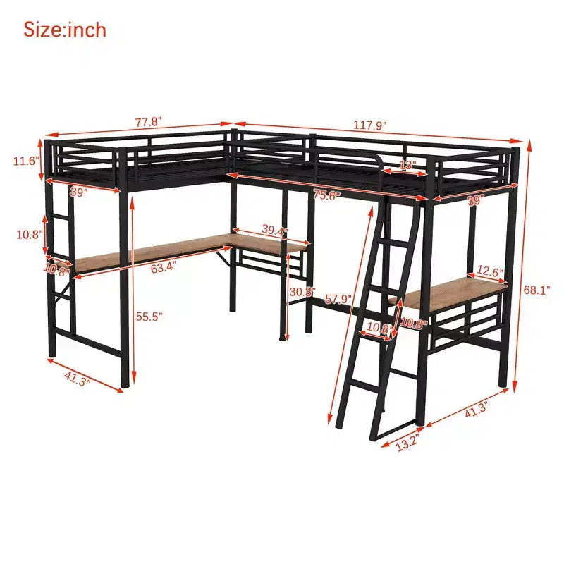 Clihome Twin Size Metal Loft Bed with Two Built-in Desks