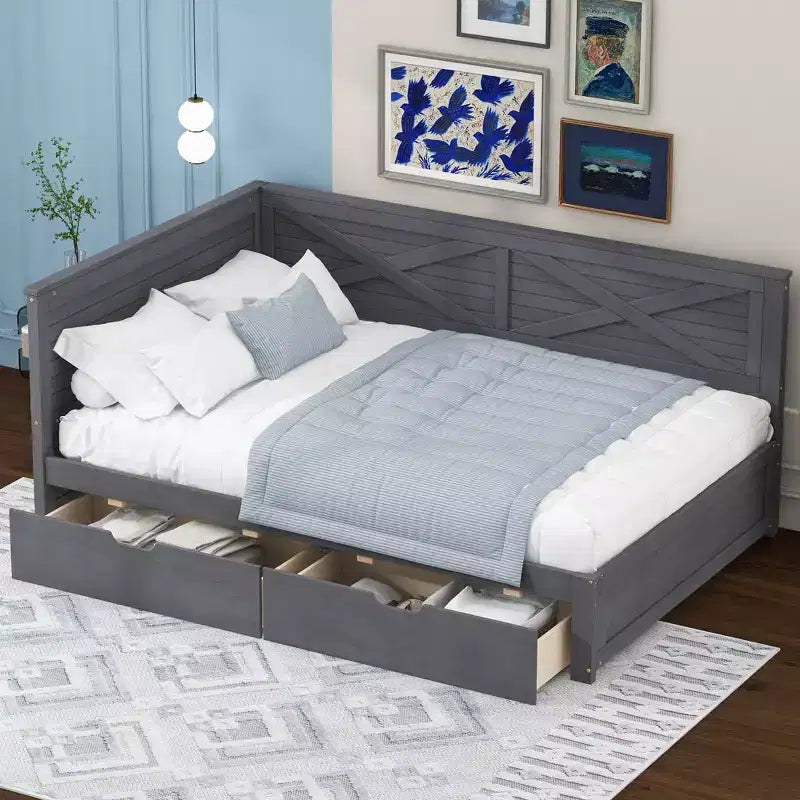 Clihome Twin Size Wood Daybed with 2 Drawers and Rustic Guardrail