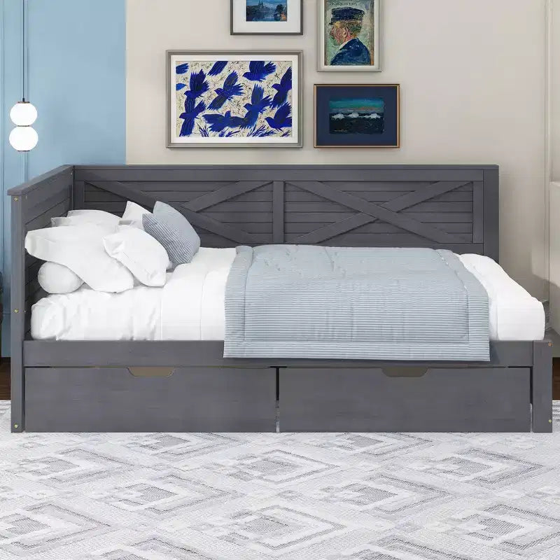Daybed in legno per letto singolo Clihome con 2 cassetti e sponda rustica