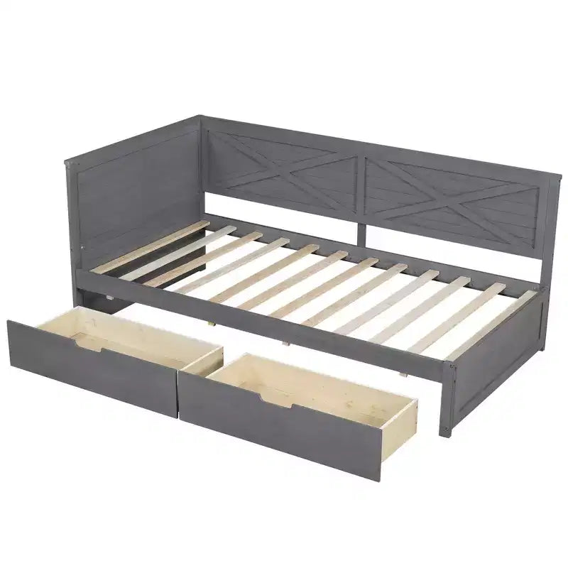 Daybed in legno per letto singolo Clihome con 2 cassetti e sponda rustica