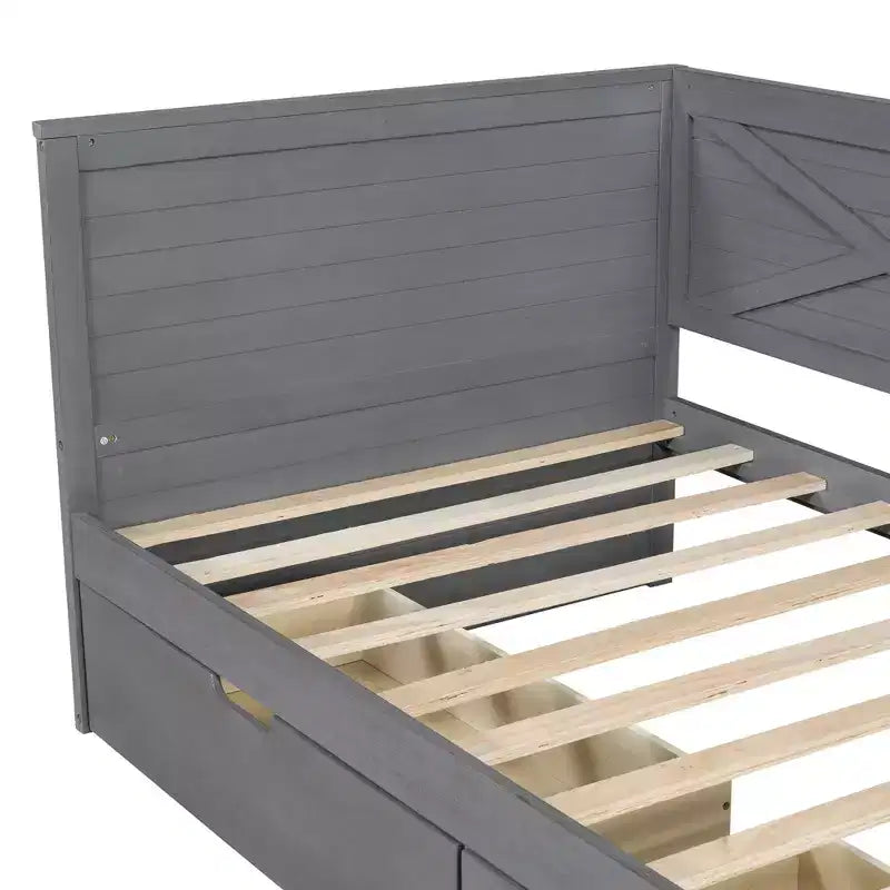 Daybed in legno per letto singolo Clihome con 2 cassetti e sponda rustica