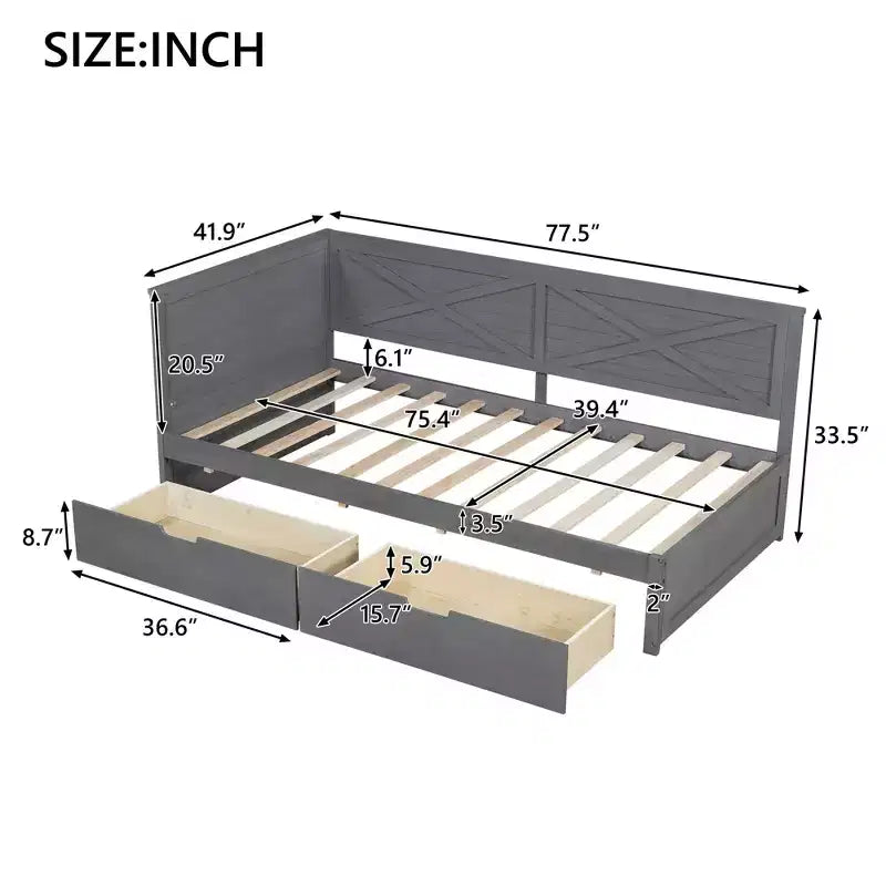 Clihome Twin Size Wood Daybed with 2 Drawers and Rustic Guardrail