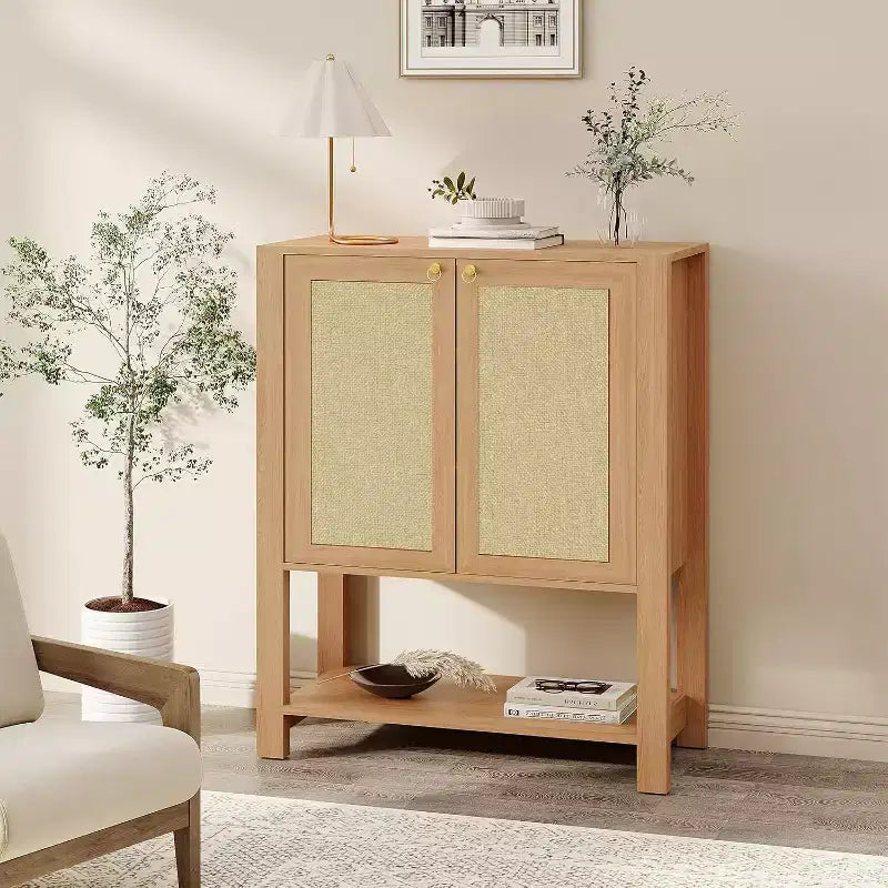 Rattan Shoe Cabinet for Entryway, 5-Tier Freestanding Wood Shoe Rack, Adjustable Shelves, Open Storage Organizer for Hallway, Living Room, Dark Oak