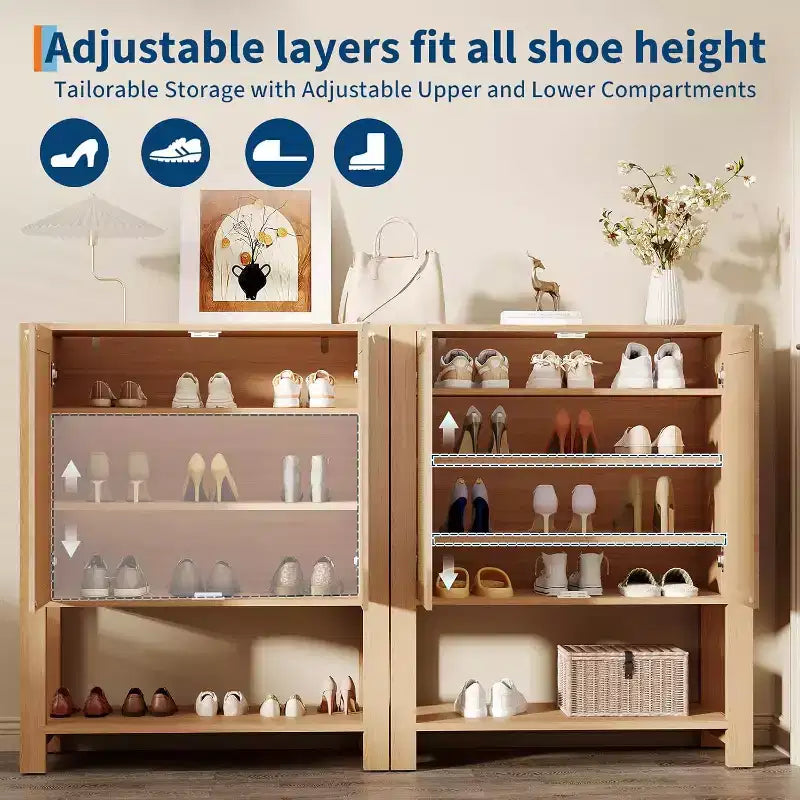 Rattan Shoe Cabinet for Entryway, 5-Tier Freestanding Wood Shoe Rack, Adjustable Shelves, Open Storage Organizer for Hallway, Living Room, Dark Oak