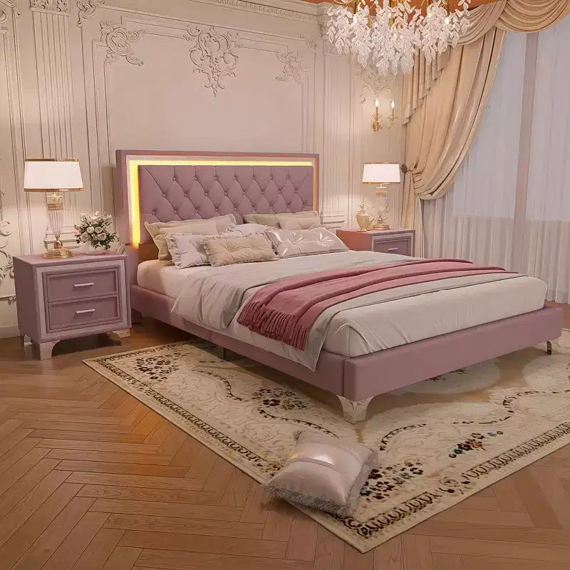 Whisen 3-Pieces Sets, Queen Size Upholstered Platform Bed and Two Nightstands