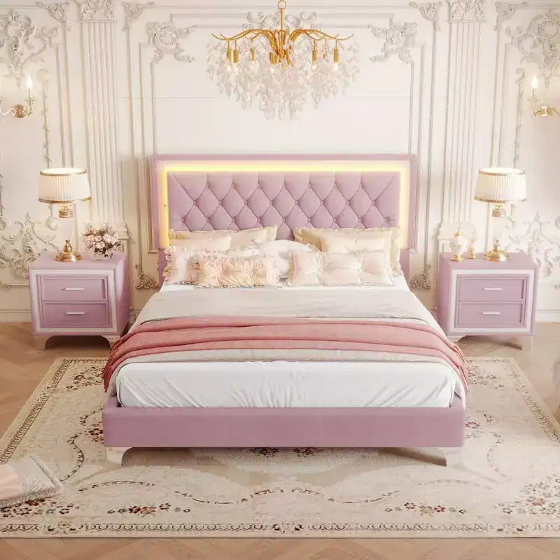 Whisen 3-Pieces Sets, Queen Size Upholstered Platform Bed and Two Nightstands