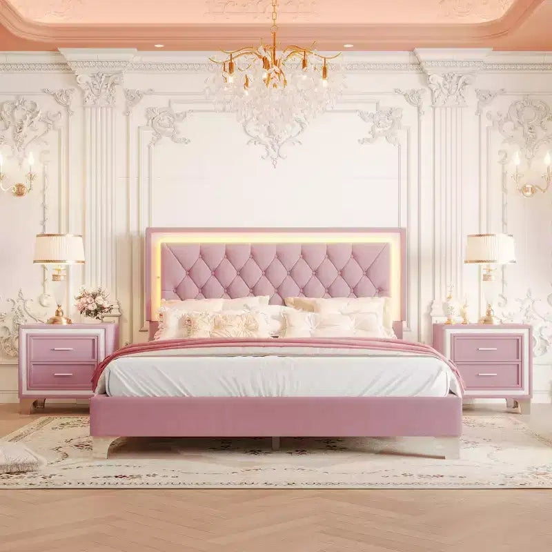 Whisen 3-Pieces Sets, Queen Size Upholstered Platform Bed and Two Nightstands