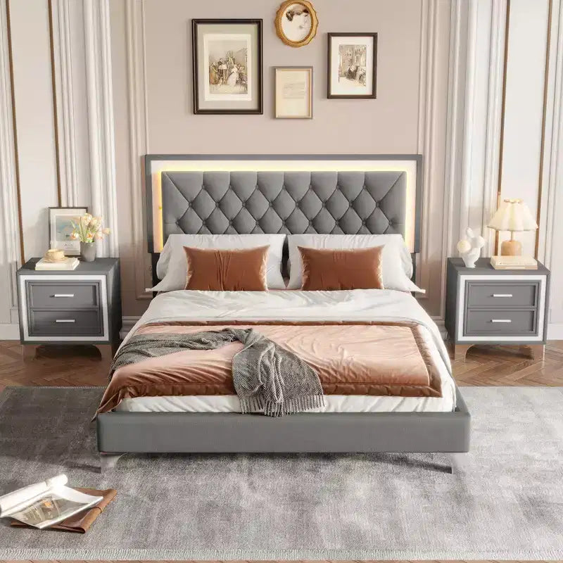 Whisen 3-Pieces Sets, Queen Size Upholstered Platform Bed and Two Nightstands
