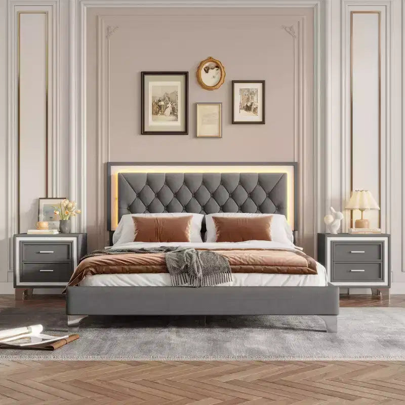 Whisen 3-Pieces Sets, Queen Size Upholstered Platform Bed and Two Nightstands