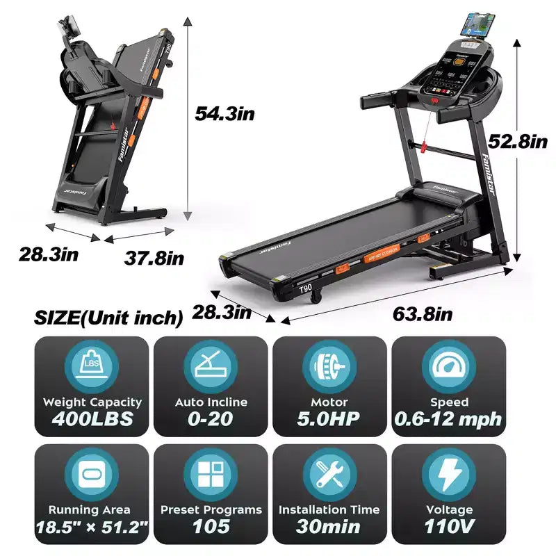 Smart Folding Treadmill with Step Tracking C 20-Level Auto Incline, 0.6C12 MPH, Dual Quiet Motor, LED Display for Home Use